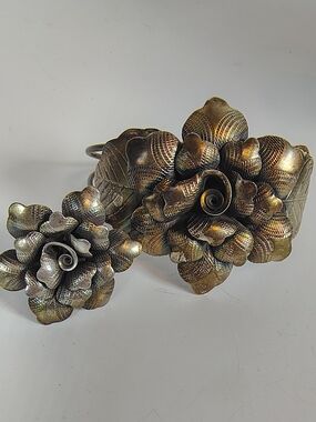 Vintage Thai Sterling Silver Floral Cuff Bracelet & Ring Set 925 Patina 42.18g